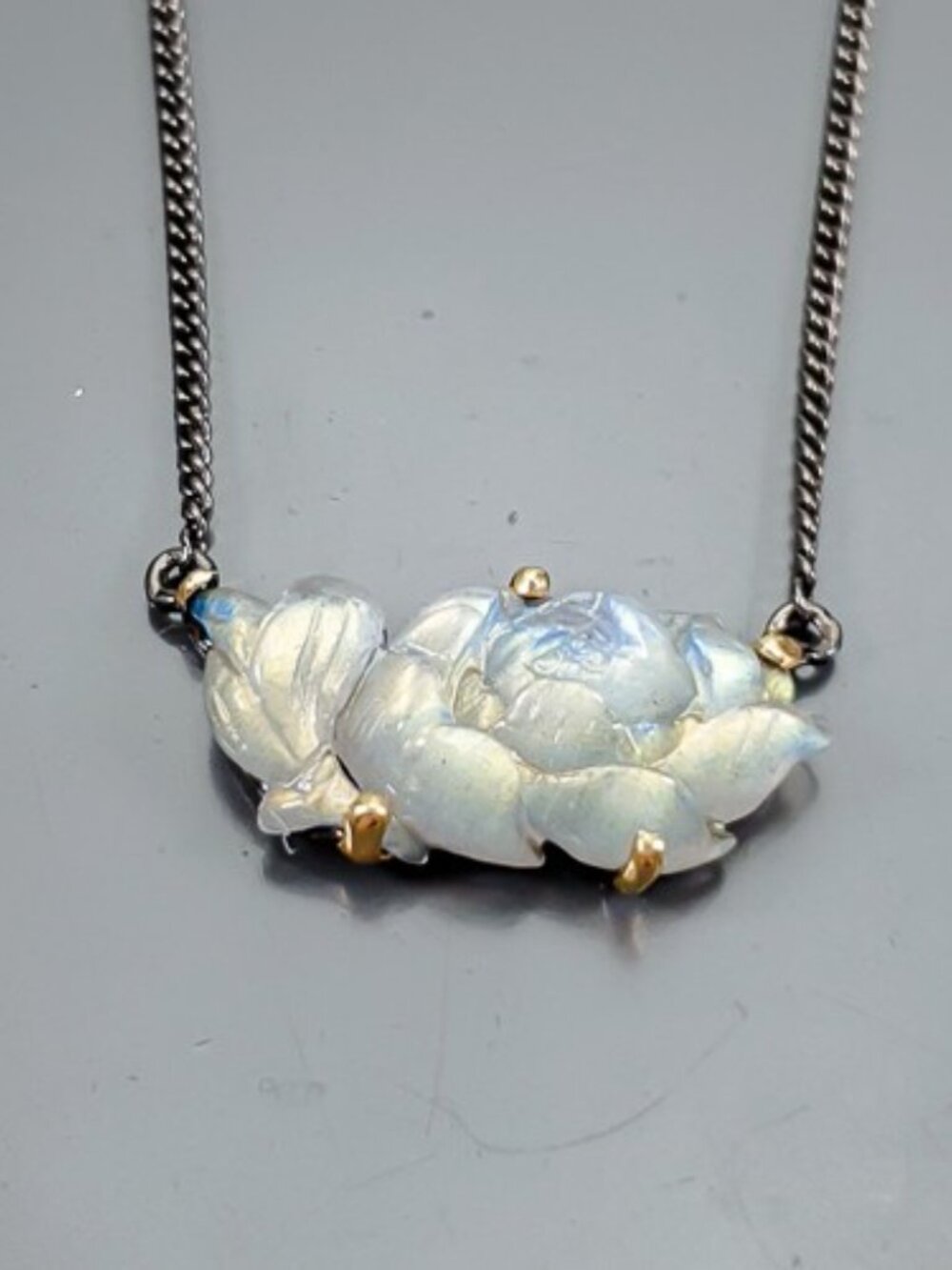 Necklace 20 CT Natural Labradorite Carved Rose 925 19"